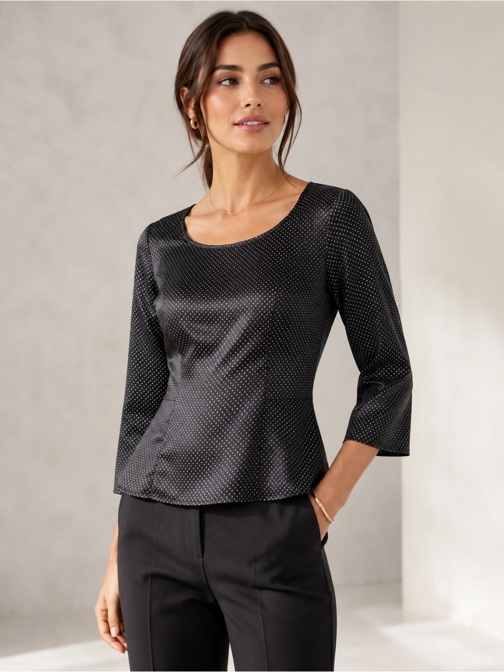 White House Black Market Polka Dot Satin Scoop Neck 3/4 Sleeve Blouse Top Size 6
